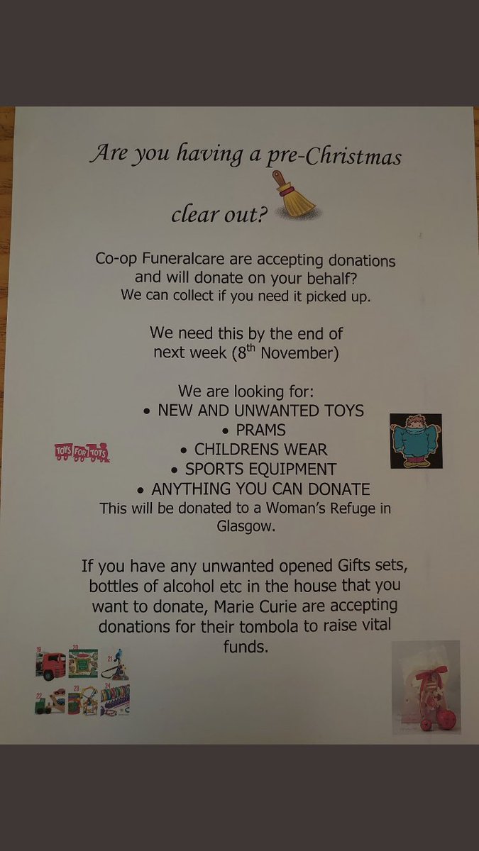<a href="/CoopFuneralcare/">Co-op Funeralcare</a> across Greater Glasgow &amp; Clyde are accepting donations for Marie Curie &amp; their tombola at their Christmas Fayre. Please see the list and feel free to drop in any items at your local Co-op Funeral Home. <a href="/MarieCurieSCO/">Marie Curie Scotland</a> <a href="/TheEveningTimes/">evening times</a> <a href="/Daily_Record/">The Daily Record</a> <a href="/RutherglenRef/">Rutherglen Reformer</a>