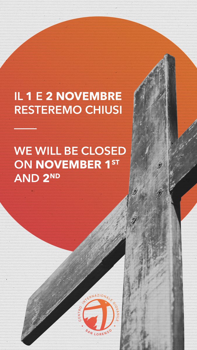 youthCSL's tweet photo. Il 1 e 2 novembre resteremo chiusi.
____
 
We will be closed on November 1st and 2nd. https://t.co/sdLDbPOZtU