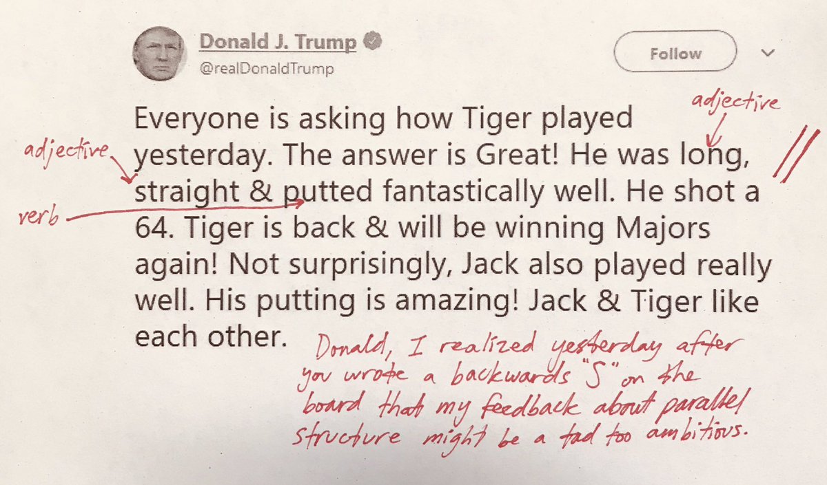 TrumpNeedsTutor's tweet photo. You could be the Tiger Woods of grammar if you just studied more, @realDonaldTrump! You’re already like him in other ways! (@RachelUchitel @StormyDaniels) #tiger #golf #jacknicklaus #parallelstructure https://t.co/hyP10EQtoD