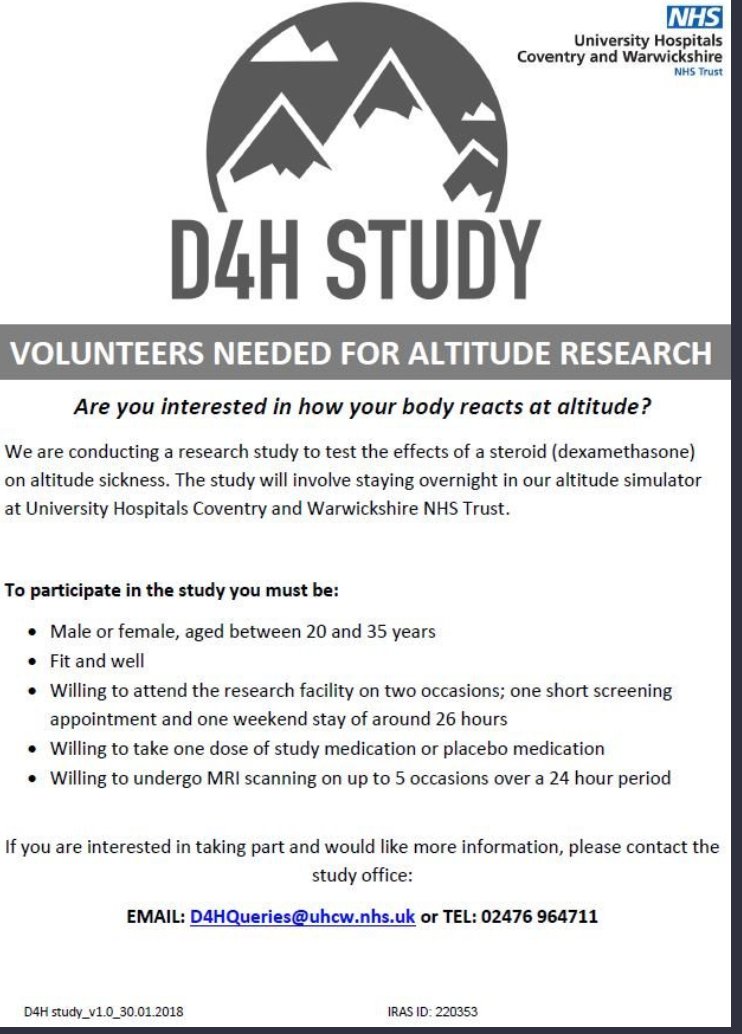 Chris Imray (@chrisimray) on Twitter photo <a href="/NIHRresearch/">National Institute for Health and Care Research</a> <a href="/UHCW_RandD/">R&D at UHCW</a> <a href="/nhsuhcw/">UHCW NHS Trust</a> @Owain_L_Fisher <a href="/R_A_Benson/">Ruth Benson</a> <a href="/RGS_IBG/">Royal Geographical Society (with IBG)</a> <a href="/mef_org/">Mount Everest Foundation</a> <a href="/XtremeEverest/">Xtreme Everest</a> @ExpedMedicine <a href="/global_polar/">Global Polar &Altitude Metabolic Research Registry</a> 18-35?
Looking for volunteers to spend a night at 4000m - in Coventry! <a href="/NIHRresearch/">National Institute for Health and Care Research</a> <a href="/UHCW_RandD/">R&D at UHCW</a> <a href="/nhsuhcw/">UHCW NHS Trust</a> @Owain_L_Fisher <a href="/R_A_Benson/">Ruth Benson</a> <a href="/RGS_IBG/">Royal Geographical Society (with IBG)</a> <a href="/mef_org/">Mount Everest Foundation</a> <a href="/XtremeEverest/">Xtreme Everest</a> @ExpedMedicine <a href="/global_polar/">Global Polar &Altitude Metabolic Research Registry</a> 18-35?
Looking for volunteers to spend a night at 4000m - in Coventry!