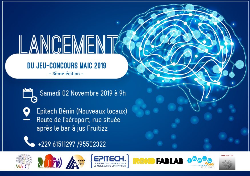 mifyai's tweet photo. Le lancement officiel du jeu-concours MAIC 2018 aura lieu le samedi 02 novembre 2019 au sein des locaux de Epitech Bénin.
#MAIC19
#MIFY
#AAAI
#BeninChapter
#AI
@EpitechBenin @iwajutech @IrokoFablab @HaroldSilver @Maureenovich @ratheilesse @zwjedida @Parisius2 @barbeblanche96 https://t.co/uEABdDd6Vn