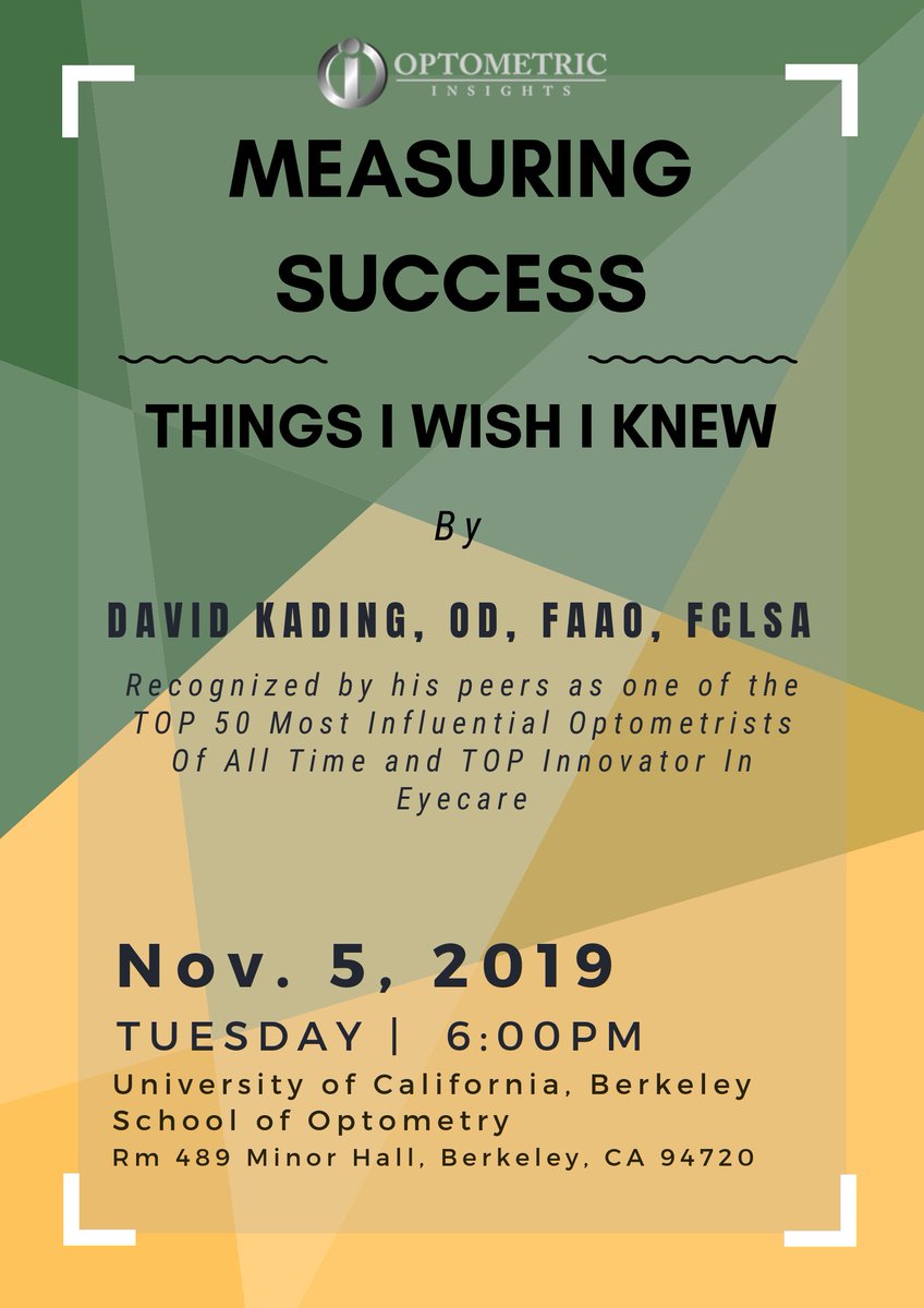 Optominsights's tweet image. LISTEN to DR. DAVE KADING LIVE!
NOVEMBER 5, 2019 @ 6 PM , TUESDAY
 University of California, Berkeley 
School of Optometry
 Rm 489 Minor Hall, Berkeley, CA 94720

PLEASE SHARE or TAG your friends
#optometricinsights