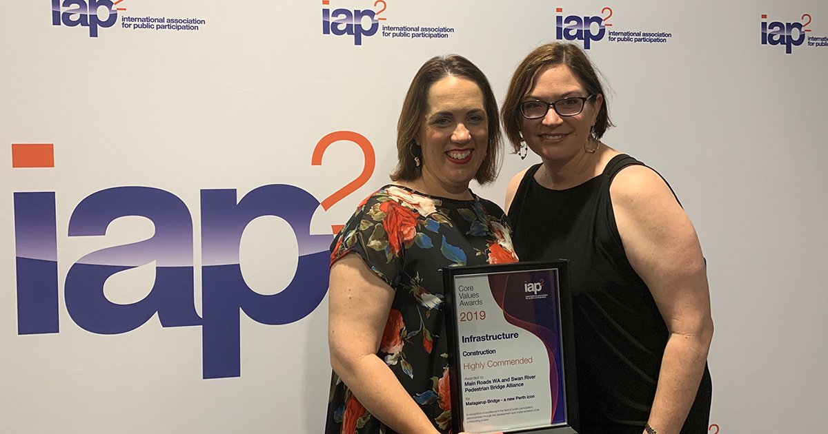 Purple_aus's tweet photo. Congrats to CP's @charliewclark, @MirandaNikolich from JAC Communications and all involved with the Matagarup Bridge project on being highly commended at the @IAP2A Core Values Awards #engagement #community @WPP_AUNZ 
THE STORY OF THE BRIDGE: https://t.co/3IaENMitfk https://t.co/KBha1UWcBi