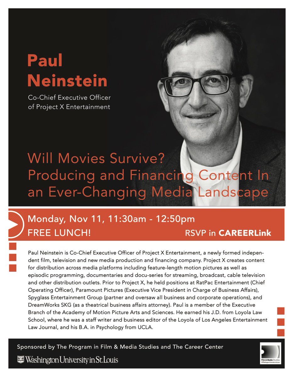 Coming to #WashU!--co-CEO of Project X Entertainment and former #RatPacEntertainment and #Paramount exec Paul Neinstein! RSVP! @WUSTLcareers @wufilmandmedia @WUSTL @WUSTLnews @WashUHumanities #WUSTL #WUfilmandmedia #WUSTLcareers