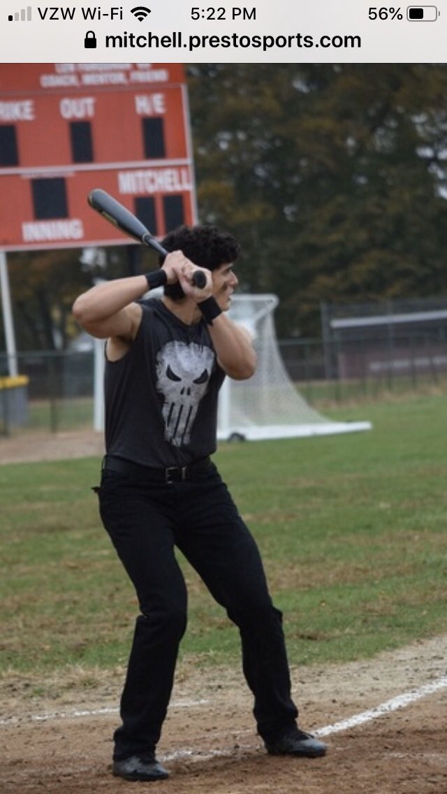 mhseccathletics's tweet photo. Nick Calash (MHS ‘19) as The Punisher during Mitchell College’s annual Halloween costume baseball game. Good stuff. @AthleticsMC @mhsbaseball_ecc https://t.co/bY6aWYD8Cq