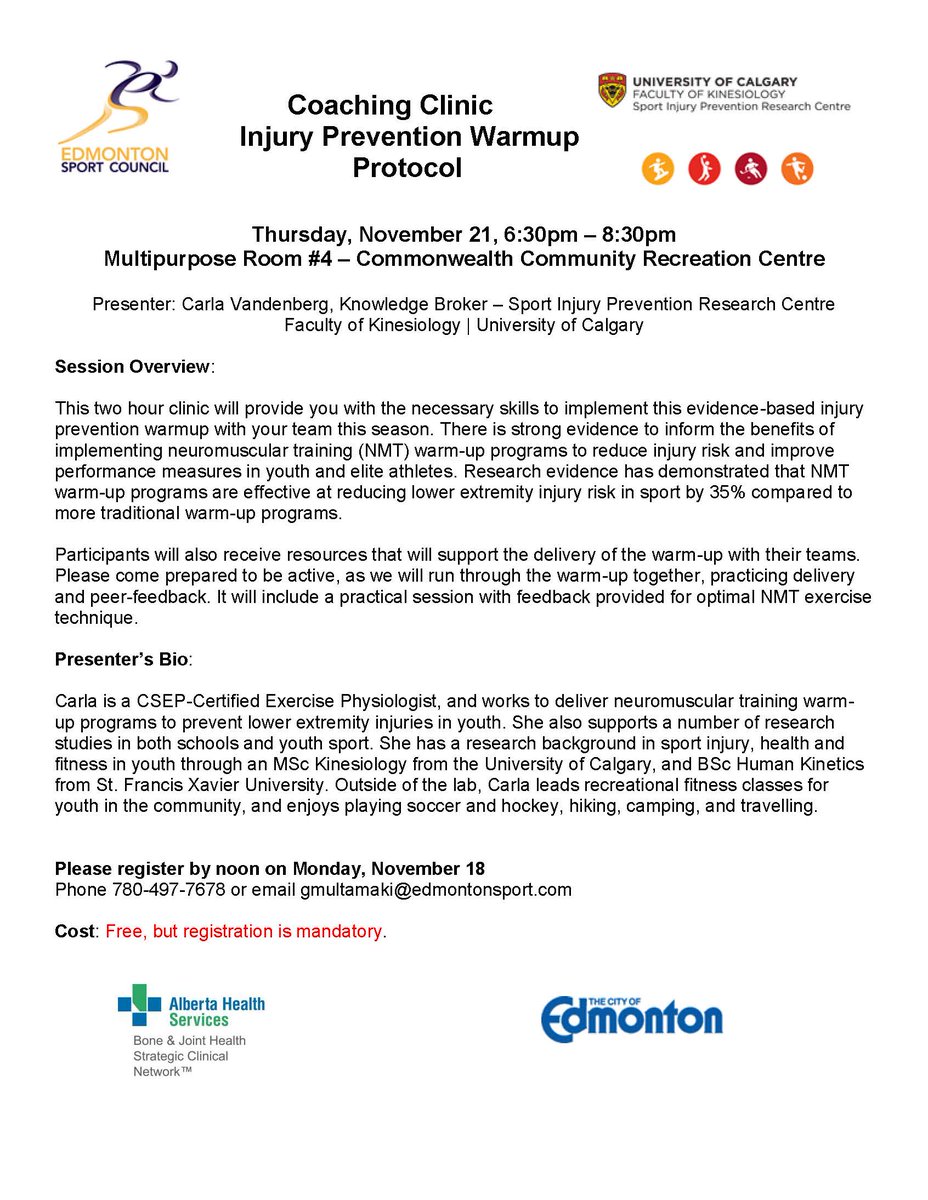 SIPRC_'s tweet image. 🗓️Hey coaches in #YEG: Mark your calendars for Thurs Nov 21st 6:30-8:30pm for a FREE active workshop on neuromuscular training warm-ups for injury prevention. 

Coaches are eligible to receive NCCP credit for attending.

💻E-mail gmultamaki@edmontonsport.com by Nov 18 to register