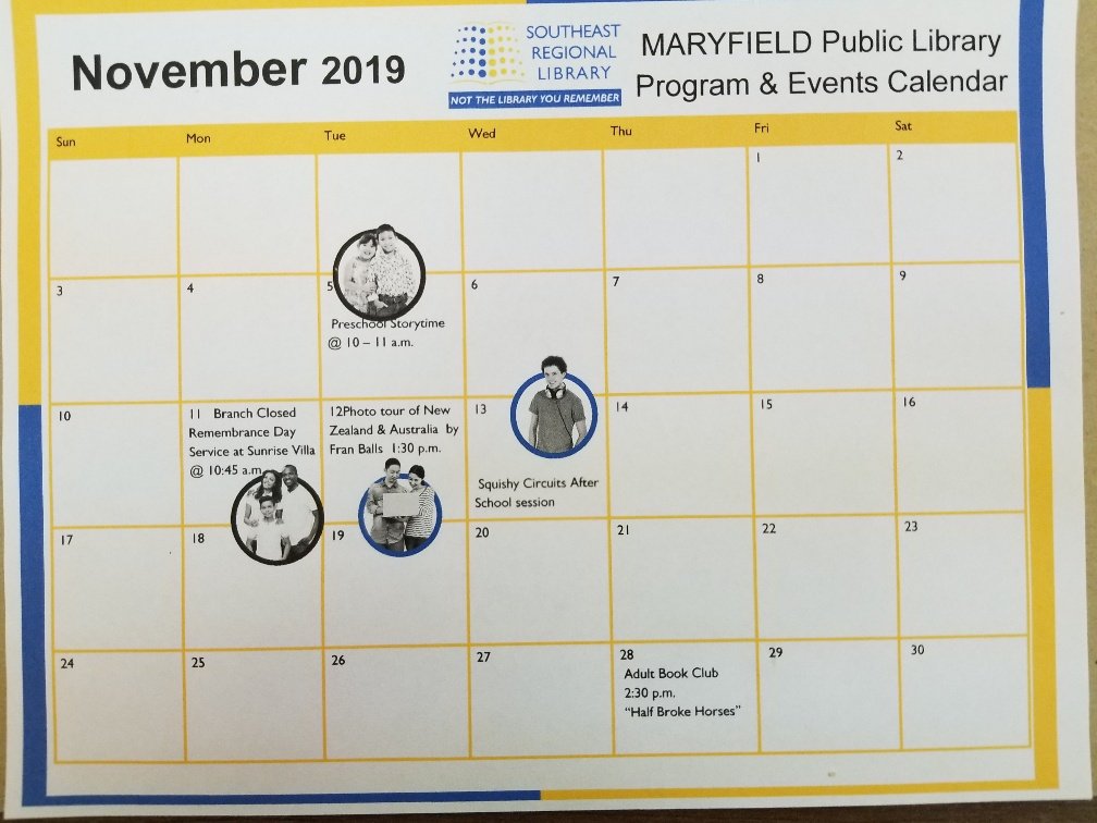 Here is what you can have fun with at the Maryfield Public Library Branch in November!!!