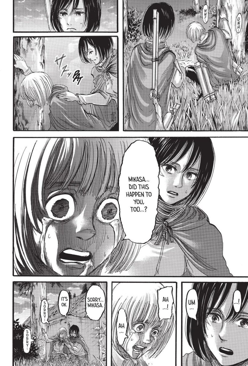 Also, YES. YES!!!This is exactly what I wanted to happen last arc! Eren gets kidnapped? Develop Mikasa and Armin's friendship! So glad Isayama did it!