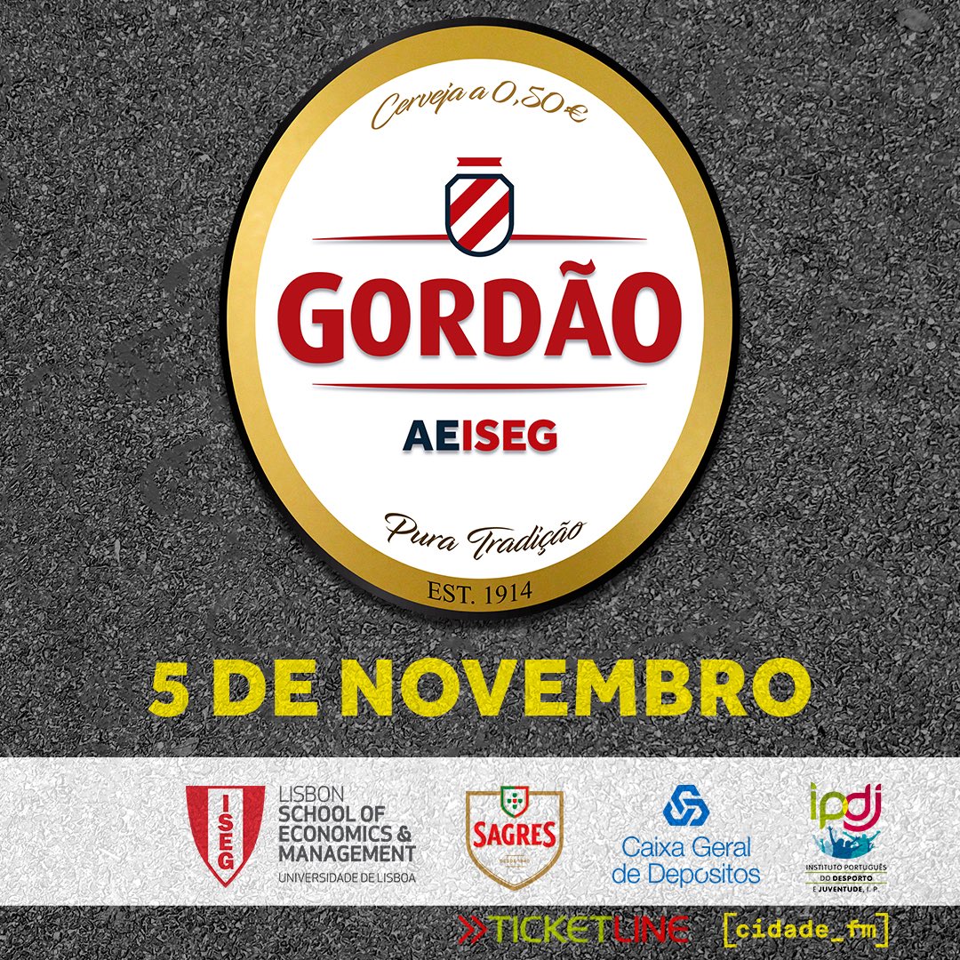 Dia 5 de Novembro, às 16:00, aparece no Parque de Estacionamento do Quelhas!

Entradas:
- Grátis para alunos do ISEG;
- 4 AEs para externos na secretaria da AE ou na Ticketline;
- 6 AEs à porta;

Garante já a tua entrada!
#AEISEG #Gordao #PuraTradicao