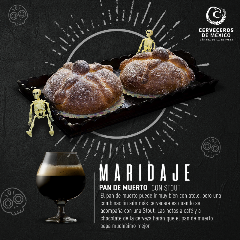 💀🍺¡Para el postre! Nada como una chela Stout y un pan de muerto. Las notas a café y chocolate de la cerveza, la hacen la acompañante perfecta de este tradicional pan de dulce.💀🍺 #DíadeMuertos #SoyCervecero #SoyCervecera #Provecho #FelizMiércoles