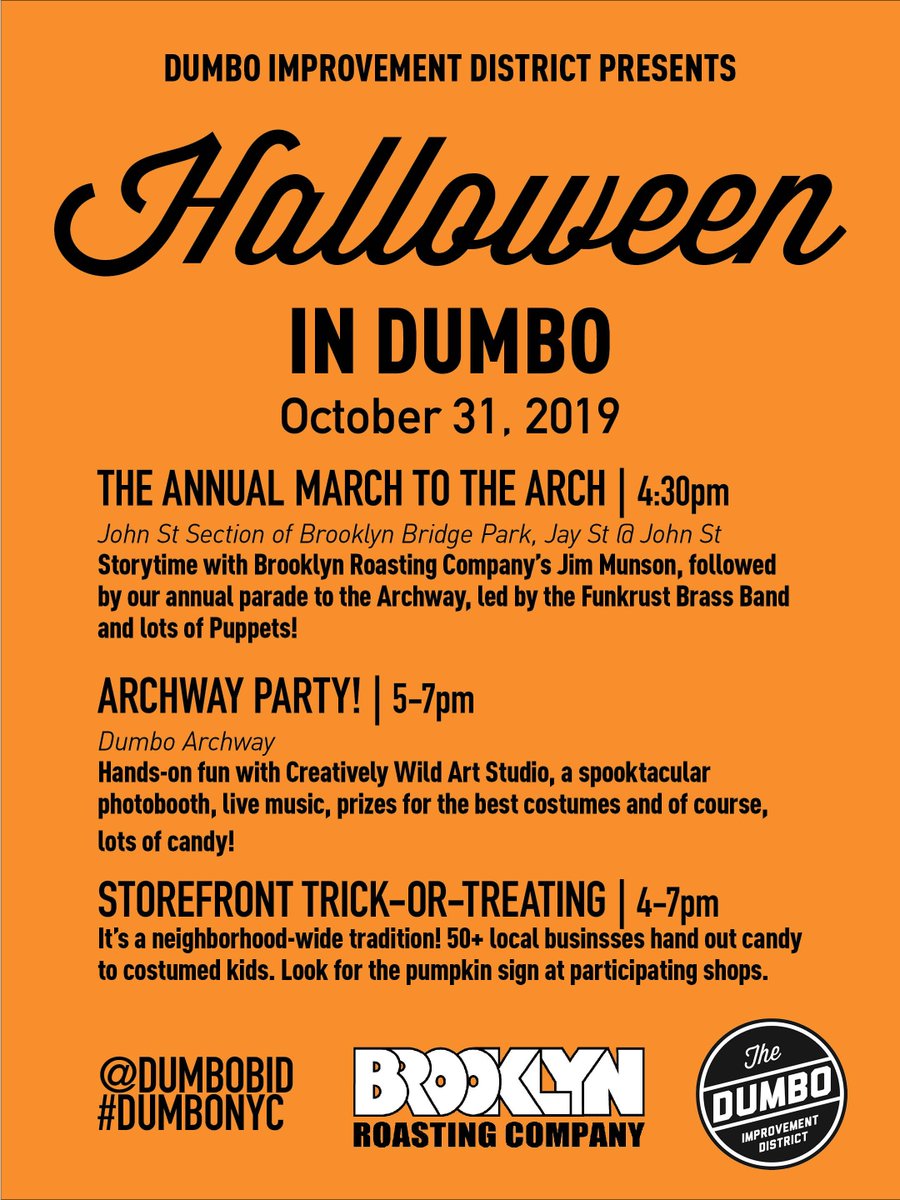 Rain or shine the DUMBOWEEN party will be taking place under the archway tomorrow from 5-7pm and the march to the arch at 4:30, weather permitting 🤞Come in your spookiest garb 👻