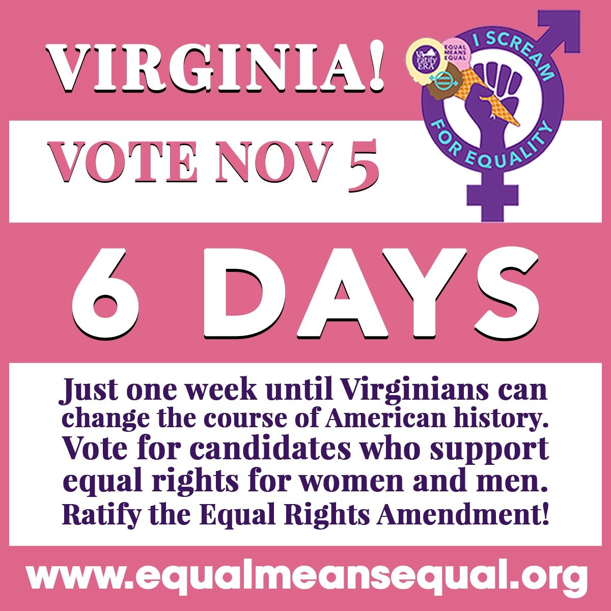 Hollywood_NOW's tweet photo. 6 DAYS! Just one week until Virginians can change the course of American history. Vote for candidates who support equal rights for women and men. Ratify the Equal Rights Amendment!
#IScream4Equality #EqualMeansEqual @EqualMeansEqual https://t.co/kZxAt0keXR