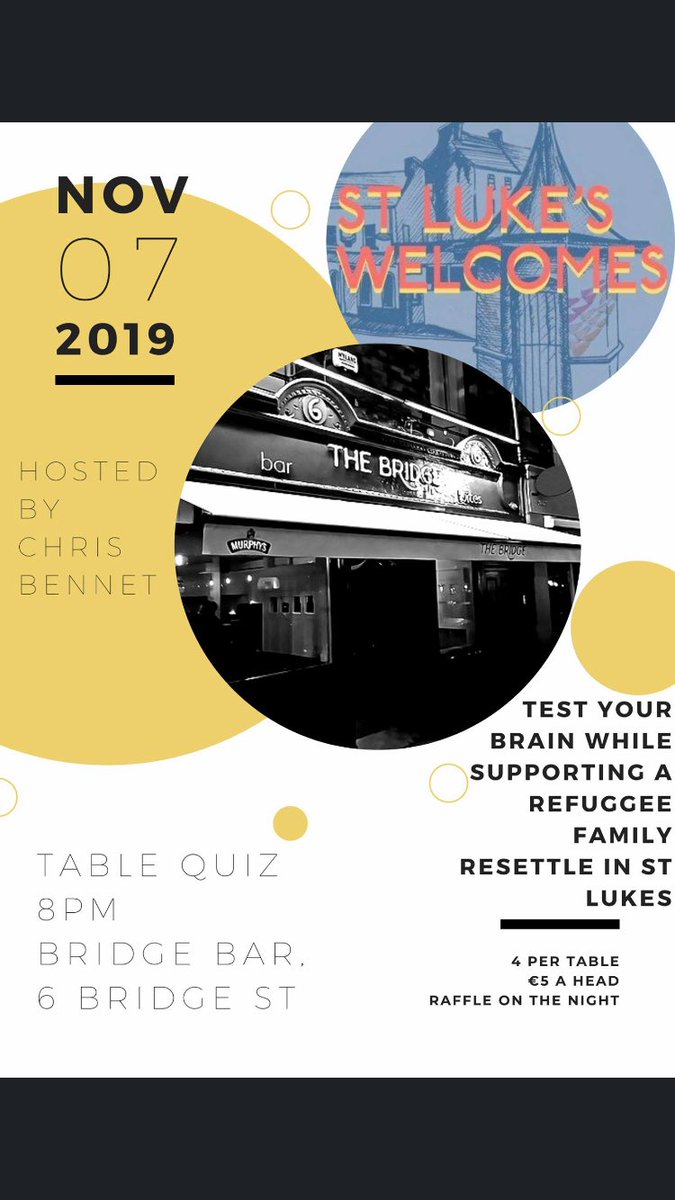 TheBridgeCork's tweet photo. Check out some of the upcoming events in @TheBridgeCork Thursday 7th November we’ve a charity quiz for a great cause. Great prizes and good fun all to support a good cause. @StLukesWelcomes https://t.co/Y9gmNzjFYr