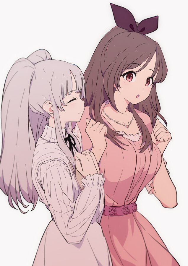 tsukioka kogane ,yukoku kiriko multiple girls 2girls brown hair dress closed eyes grey hair twintails  illustration images