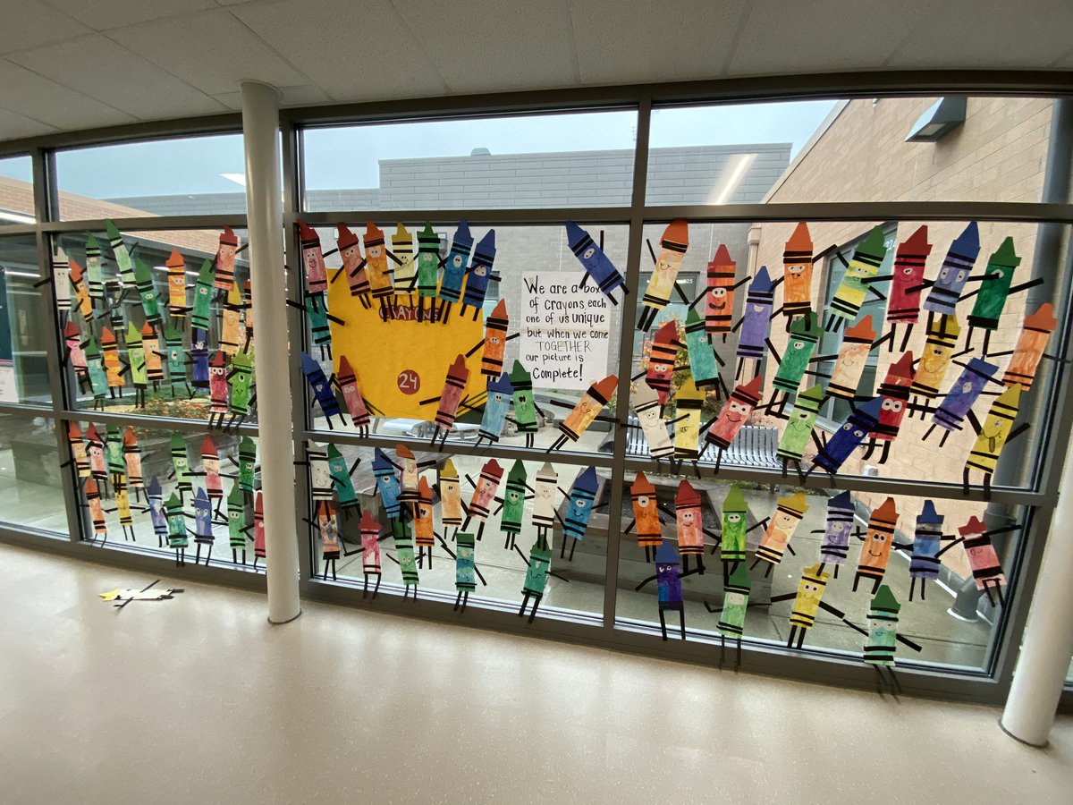 PRE_k5_art's tweet photo. Finally got to put up first grade’s art! They got to read The Day the Crayons Quit and learned about intermediate colors! #nwlsd #GoBeyond #PRE https://t.co/1U7jCjLX2I
