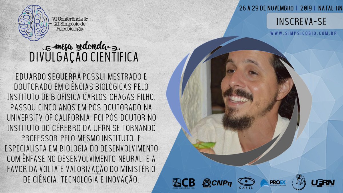 simpsicobio's tweet photo. Para compor essa mesa redonda teremos a participação do Dr. Eduardo Sequerra e da Dra Tabata Bohlen compartilhando conosco sobre Divulgação Científica.

#Simpsicobio 
#Psicobiologia 
#CienciaUFRN https://t.co/Ii6v2GPeSa