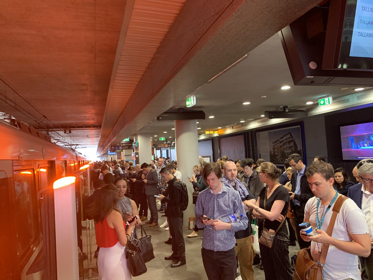 April__Abbott's tweet photo. Ahhh welcome back to #Sydney where @SydneyMetro has a packed metro w no estimated departure time and a packed platform waiting for the next one #transitfail #justtryingtogettowork @sophluidynamics https://t.co/GOJjyB2Gf1