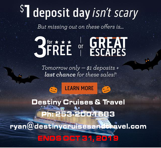 destiny_cruises's tweet photo. Last chance for $1.00 Deposit, 3 for free or Great Escapes promotions on @PrincessCruises
.

Call us today to get your cruise booked! Ends tomorrow 10/31/19! https://t.co/9TxCMIgmtt
