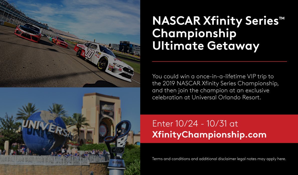 XfinityRacing's tweet photo. Have you entered yet? Time’s running out!

You could join @Xfinity for the perfect #NASCAR trip to both @HomesteadMiami + living it up at @UniversalORL with the #XfinitySeries champion! Enter now >> https://t.co/oVtImynZhk NoPurchNec Ends 10/31/19 Rules: https://t.co/qzd78aOan3 https://t.co/JSPh1eVI9s