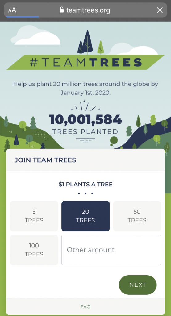 Over 10,000,000 trees planted!!! To celebrate and help get us to that 20 million mark we have officially launched TeamTrees merch on the website! 100% of the profits goes to planting trees! I LOVE YOU GUYS ❤️

teamtrees.org