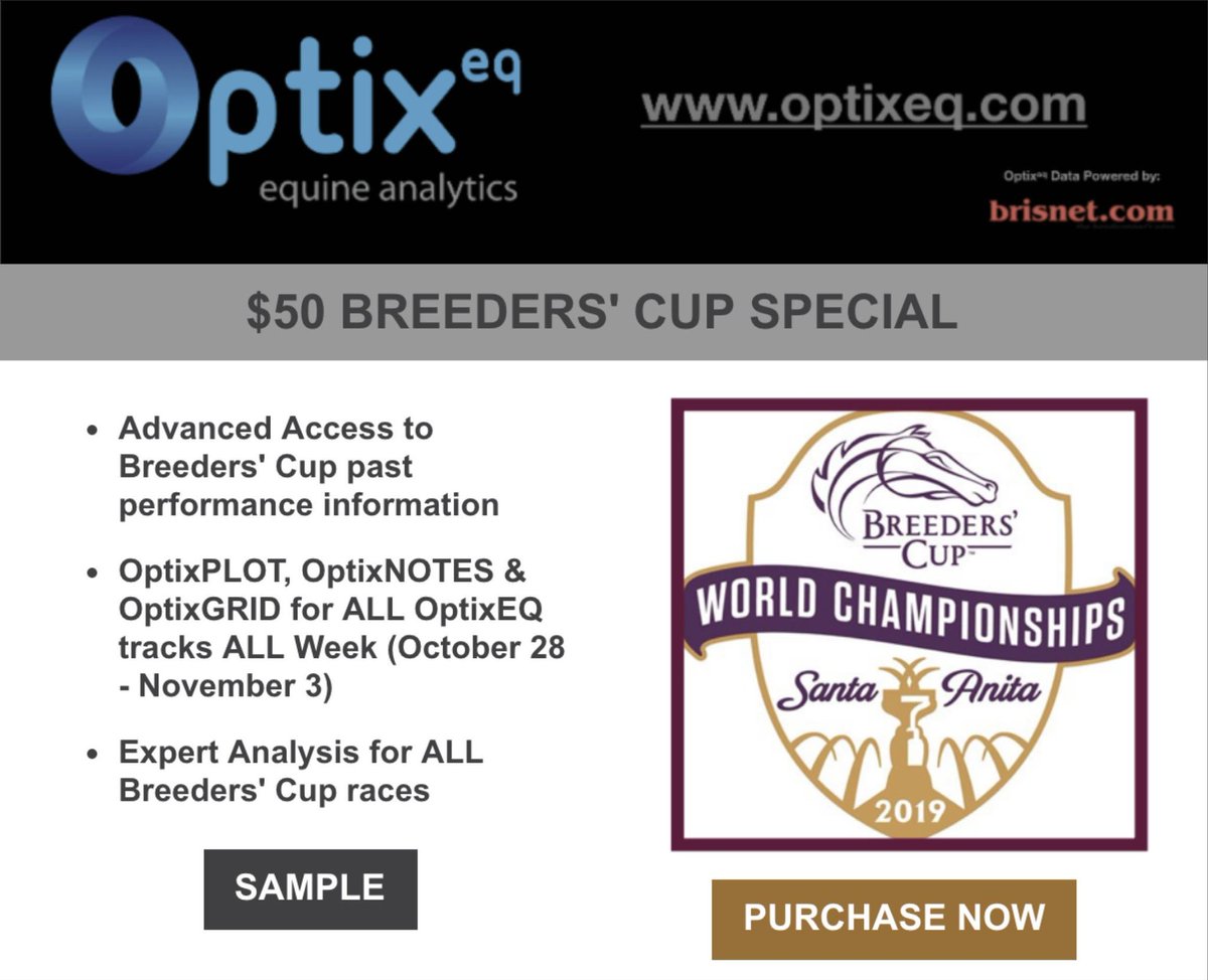 EmilyOptixEQ's tweet photo. One of the highlights of the #BC19 package has been reading the race analysis from everyone on the @OptixEQ team.  Everyone has a different technique of handicapping and uses the information to suit their style. https://t.co/ZrKpfzEmOD