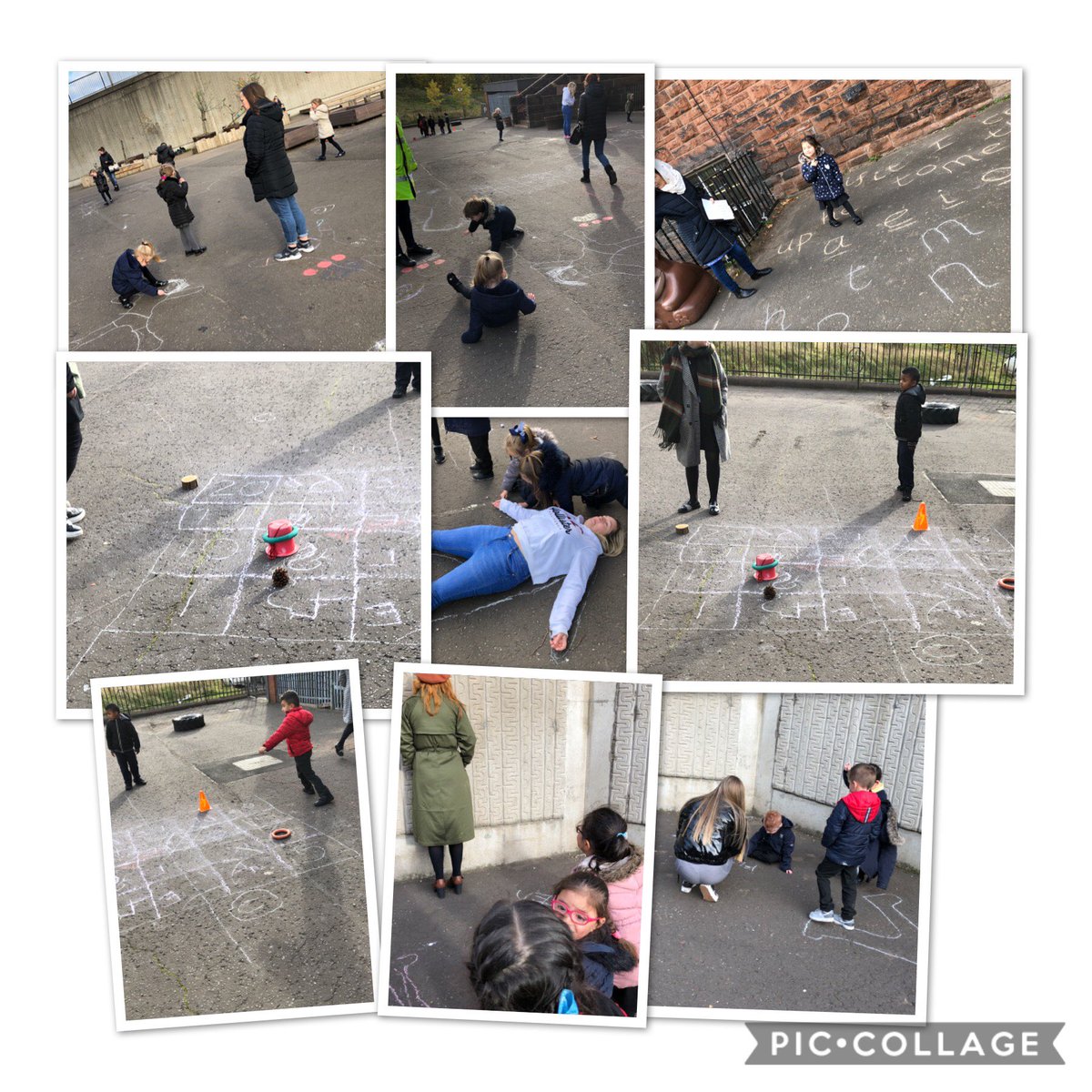 Elmvaleprimary's tweet photo. #ElmvaleP1 we had fun getting involved in numeracy and literacy experiences for our first ‘Stay and Play’. It was a bit cold but we managed to keep busy creating common words, playing hopscotch and What’s the Time Mr Wolf’ with our families. #outdoorlearning #playwithfamily https://t.co/qPPZmYReYG
