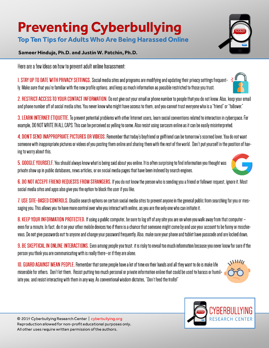 onlinebullying's tweet photo. National Bullying Prevention Month, Day 30! Yesterday, we shared our Top Ten Tips for Adults to Respond to Cyberbullying. Today, we focus on prevention - and share our Top Ten Tips for Adults to Prevent Cyberbullying in the first place! https://t.co/Rz57eMsr8i https://t.co/goBzoMW8Js