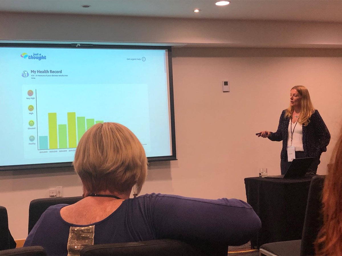 justathoughtnz's tweet image. Clinical Lead, Anna Elders, speaking at #AMHOIC 2019 about the benefits of e-cbt in conjunction with face-to-face therapy. Benefits including; vital psychoeducation - freeing up session time for more complex issues, supporting people on wait-lists &amp;amp; integration into group therapy