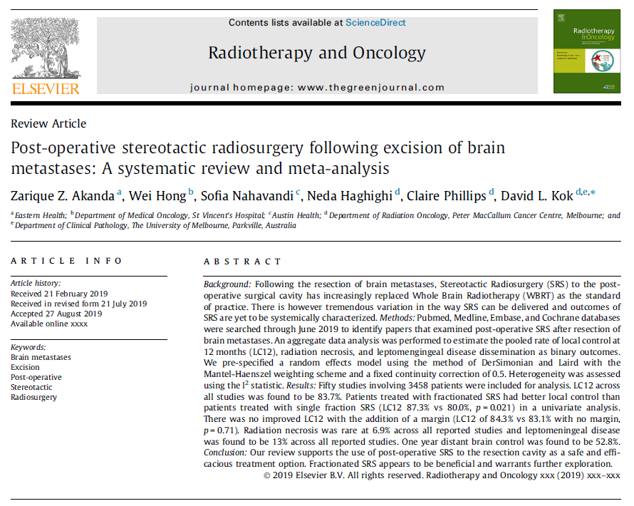 DrDavidKok's tweet photo. Is fractionated stereotactic radiosurgery better than single fraction treatment? Our meta-analysis of over 3000 patients in the post-op setting suggests yes! Read it online first here! https://t.co/7aX5I6a7vK @SimonLo21054188 @ISRSy @bslotman @matt_footy @radoncpapers https://t.co/L0ojsLSTrg