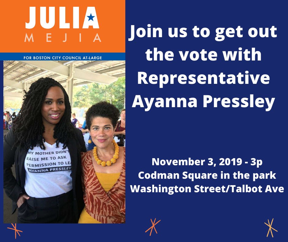 juliaforboston's tweet photo. 📢Join me and @AyannaPressley this Sunday, Nov. 3rd from 3-5PM at Washington St. and Talbot Ave. in Dorchester to #knocktheblock! 📢

#bospoli #mapoli #GOTV https://t.co/sd4qNUeXfS