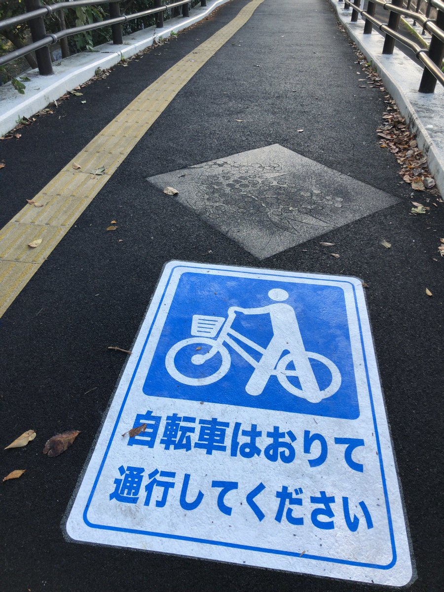 ぼくのとこから澱橋までの歩道は、自転車で走るの禁止。
新しく標識が設置されたよ。