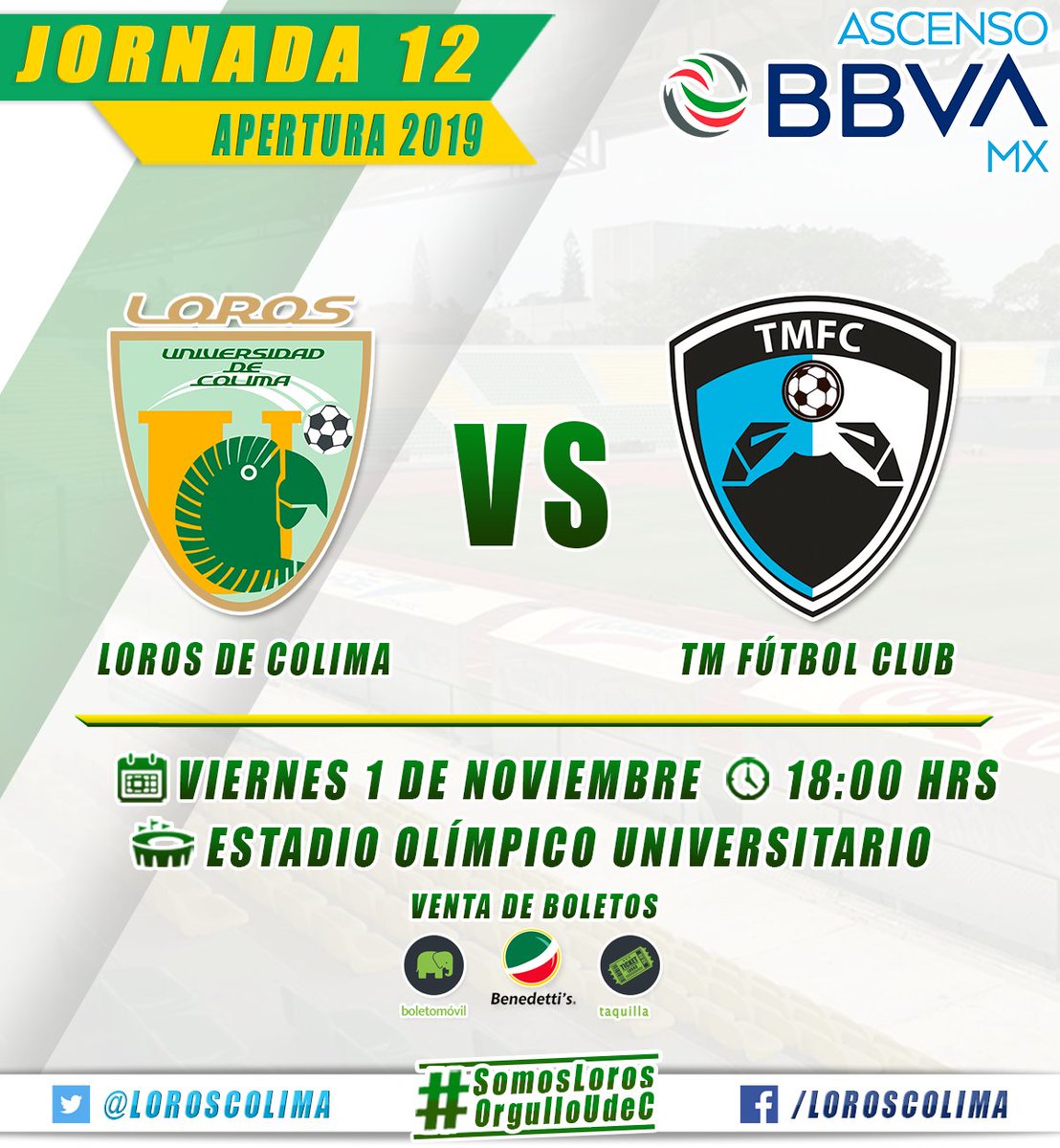 LorosColima's tweet photo. Este viernes 1 de noviembre, asiste y apoya a tu equipo de casa, #LorosColima en su ultimo partido de local en el #Apertura2019 del @AscensoBBVAMX
@LorosColima 🆚 @TMFCoficial
📆 Viernes 1 de Noviembre ⏰18:00 Hrs
🏟 Estadio Olímpico Universitario
#SomosLoros #OrgulloUdeC 👊 🔰 https://t.co/p9798F7dQJ