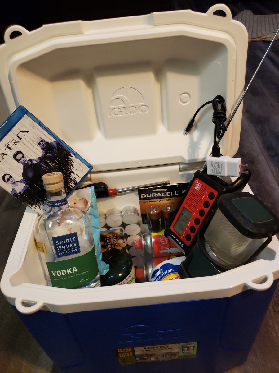 captK80's tweet photo. rethinking my essentials for next power outage
#noaa 
#thematrix 
@Duracell
#lighter 
@_spiritworks 
@Charmin 
#babywipes 
@Igloo
#propane 
#Butane https://t.co/w2dkqn4GDZ