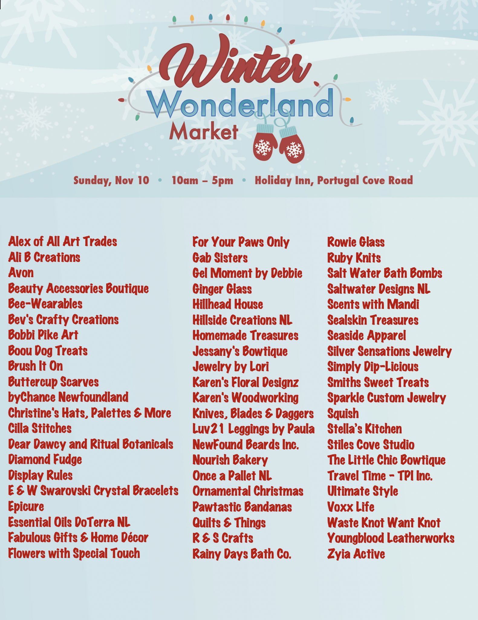 Milestone Promotions on X: 📣 ❄️ Winter Wonderland Market Vendor List  Release!! ❄️ 😃 ❄️ On Sunday November 10th- loads of your favourite vendors  are coming together at the Holiday Inn! #winterwonderlandmarketnl #