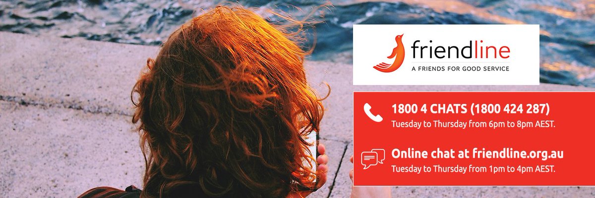 friendsfor_good's tweet photo. Call 1800 4 CHATS: Our support line is open Tues-Thurs 6-8pm AEST. Chat online today: https://t.co/OtXITxJaVF #FriendsforGood #OnlineSupport #FriendLine https://t.co/2oaGL2KOYK