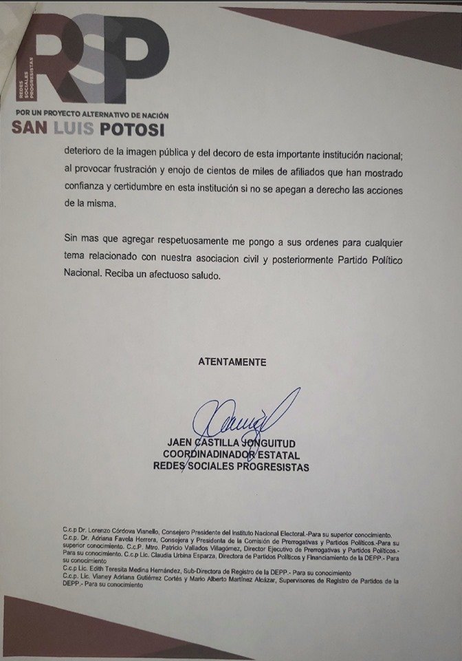 Este es el documento que entregamos en las oficinas del INE en San Luis en el que respaldamos a <a href="/JFernandoGS/">Fernando González Sánchez</a> como presidente nacional de #RSP.

Igualmente solicitamos al #INE que se respeten y no se atrasen las asambleas ni los programas de afiliación que ya teníamos programados.