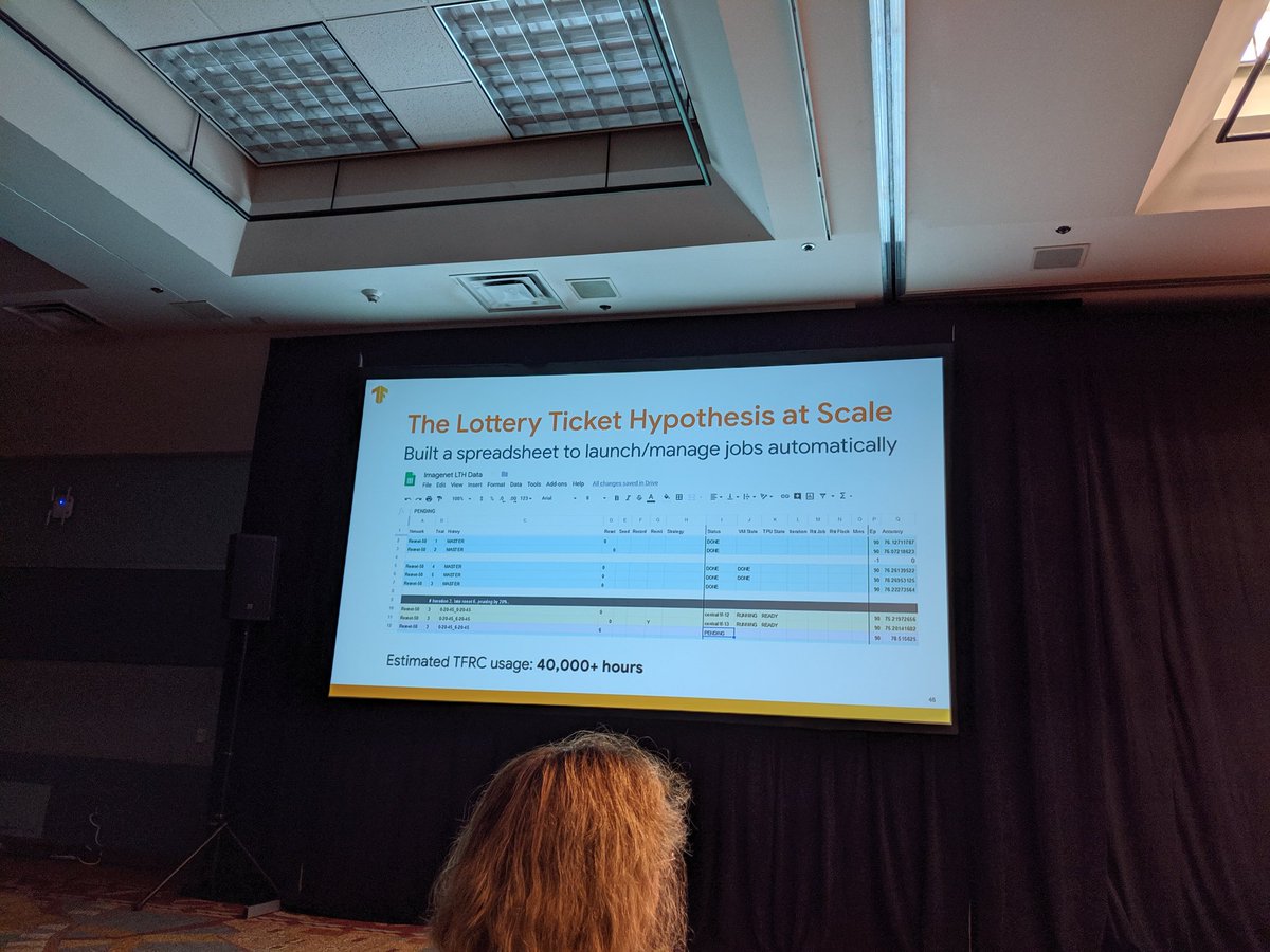 Masterclass by <a href="/jefrankle/">Jonathan Frankle</a> -spreadsheet that launches cloud TPUs instances in the background by literally just inserting lines #TFWorld