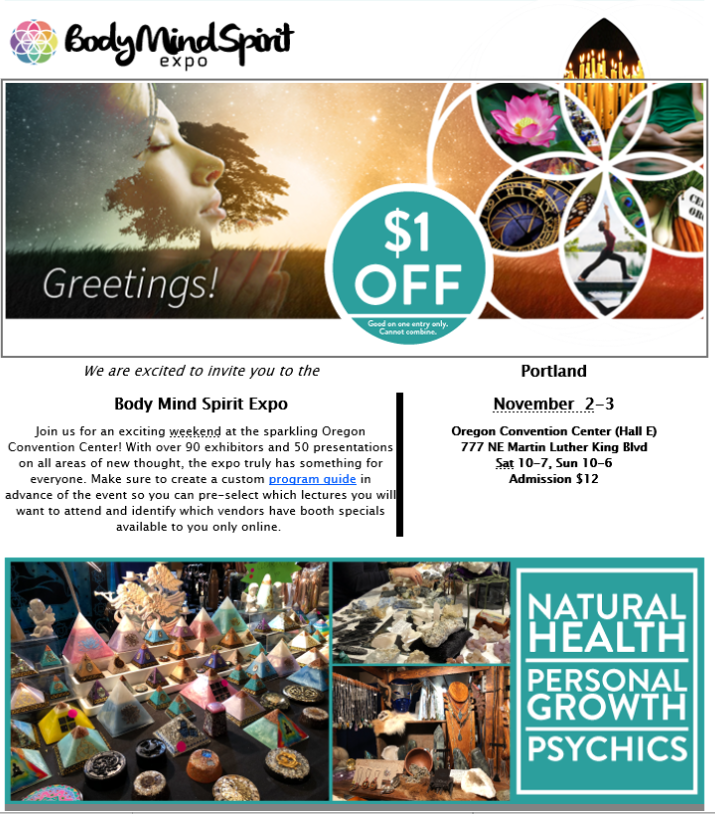 HeartSpringHeal's tweet photo. Join us this weekend at this year's Body, Mind, Spirit Expo on November 2-3 at the Oregon Convention Center! Enjoy this $1 off admission coupon shared from all of us at Heart Spring Health. Find out more at https://t.co/xVNUTJaNvr
#mindbodyspiritexpo #naturalhealth https://t.co/lHxFS1drx3
