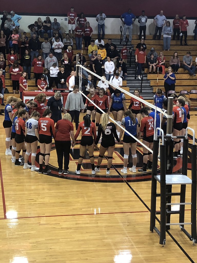 SCHSL's tweet photo. Fascinating and very impressive end to the  Gilbert High @gilbert_indians  @GHS_Indians vs May River @Shark_Athletics volleyball match this evening. The END was filled with just as much spirit and sportsmanship as the start. 🙏 #Sportsmanship #Bothwinners 🏐 https://t.co/EDWmCnlWQT