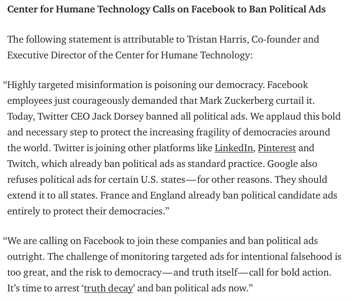 tristanharris's tweet photo. Below is my statement calling on Facebook to ban political ads. (And kudos to @jack for banning political ads on Twitter today 👏). https://t.co/sXKYoepHTh