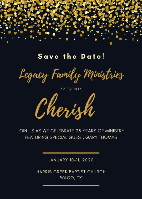 LegacyCountdown's tweet photo. Legacy Family Ministries is celebrating 25 years! Come help Byron and Carla Weathersbee celebrate. Save the date -- January 10-11, 2020 in Waco, Texas. More info to come.  Registration opens mid-November. https://t.co/bVbJZBSl6G