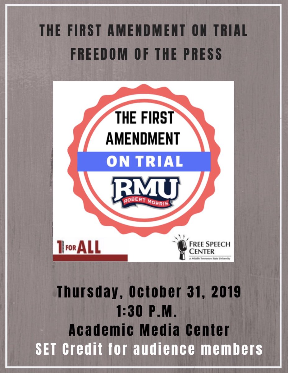RMU's tweet photo. The first in a series of “The First Amendment on Trial” debates among RMU students will be Thursday, Oct. 31 at 1:30 in the Academic Media Center in Hopwood Hall.

The first debate is focused on Freedom of the Press, between students acting as the government and a newspaper. https://t.co/mgV7gLnElT