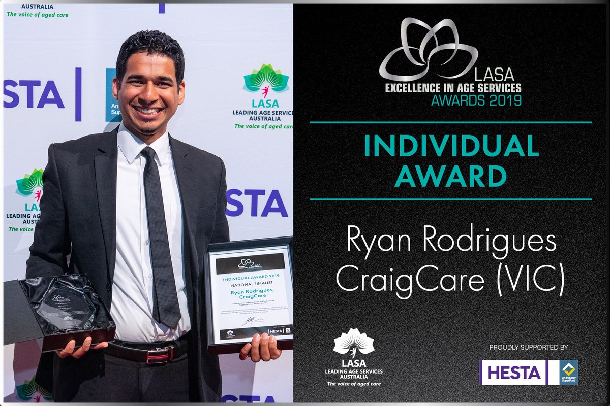 CraigcareAUS's tweet photo. The @LASANational  2019 Excellence in Age Services Awards was held last night to celebrate the work of outstanding aged care individuals, teams and organisations. The National winner of the Individual Award was our very own Ryan Rodrigues. #lasacongress2019 #PalliativeCare https://t.co/B8kD8GDHvo