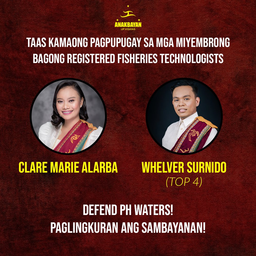 UPVAnakbayan's tweet photo. Pagpupugay sa mga miyembro at sa lahat na matagumpay na nakapasa sa 2019 Fisheries Technologsts Board Exam!

Hinahamon tayo ng panahon upang i-alay ang talino at husay alang-alang sa sambayanan. 

Paglingkuran ang sambayanan, mga siyentista ng bayan! Padayon.✊🏽

#DefendPHWaters https://t.co/kYCOUE43pf