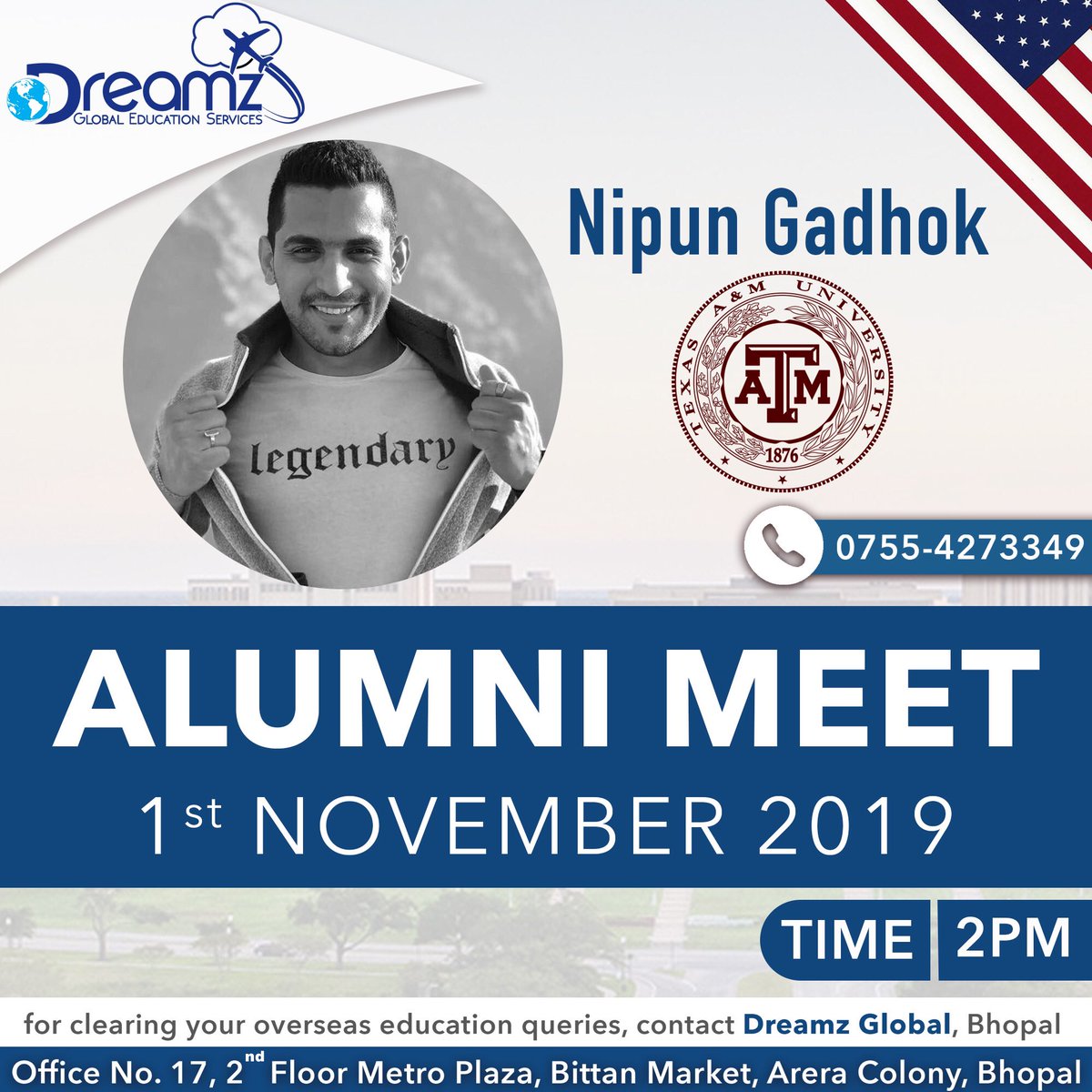 DreamzEducation's tweet photo. |🇺🇸USA ALUMNI MEET NOVEMBER 2019|
.
Dreamz Welcomes - Alumni Representative
Mr. Nipun Gadhok
Texas A&M College Station ,
🇺🇸USA
Date-1st November 2019
Time-2PM
#usaaalumnimeet #DreamzAlumni #DreamzAlumniMeet2019 #dreamzalumnimeetnovember
#sat #satexamination #sat2019 https://t.co/nn8y5IzndR