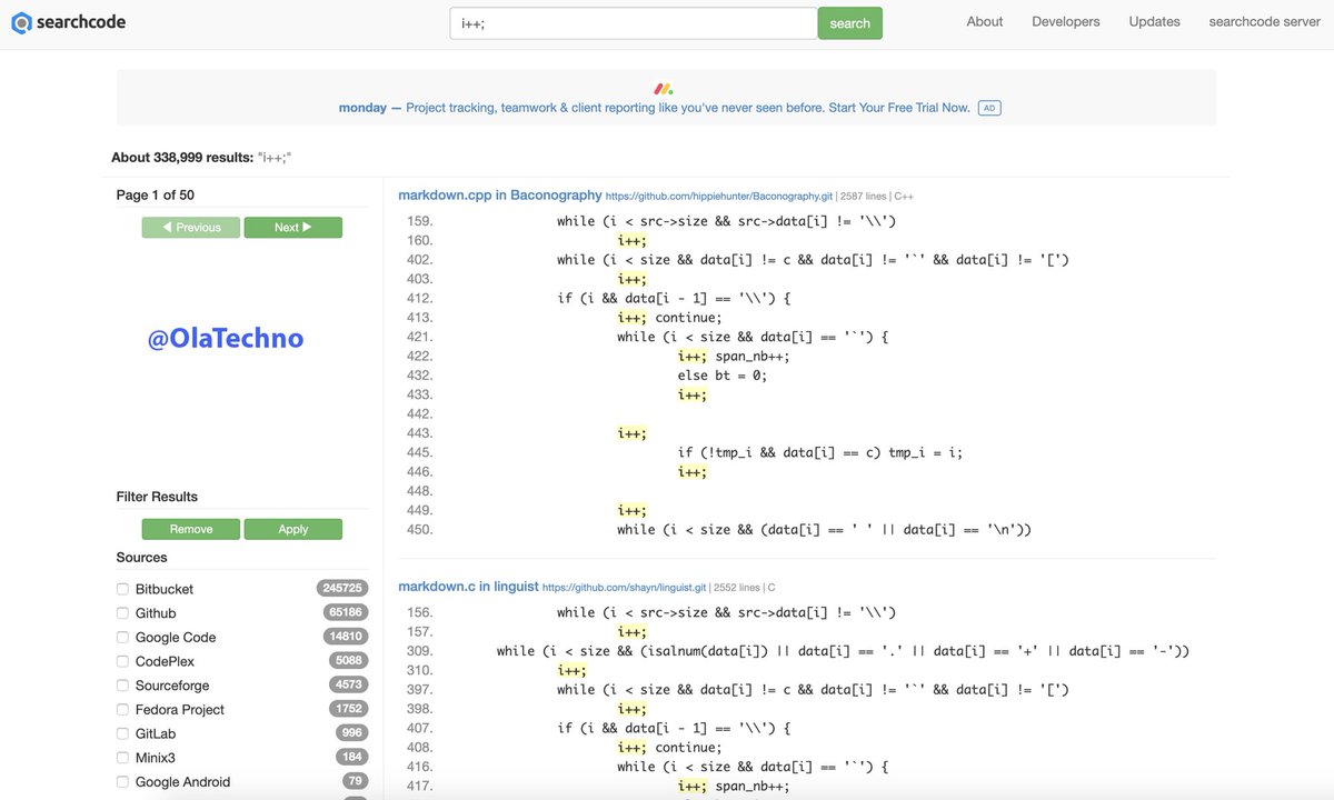 OlaTechno's tweet image. محرك بحث🔎👾 خاص بالبحث عن الأكواد فقط. يحتوي على اكثر من 7 مليون مشروع برمجي لأغلب لغات البرمجة، واكثر من 20 مليار سطر من الاكواد. كل اللي عليك تكتب الكود اللي تبحث عنه او محتاج عنه امثلة وبيعرض امثلة مع امكانية تخصيص لغات البرمجة، منصات التطوير👏
bit.ly/1PUrBvP
