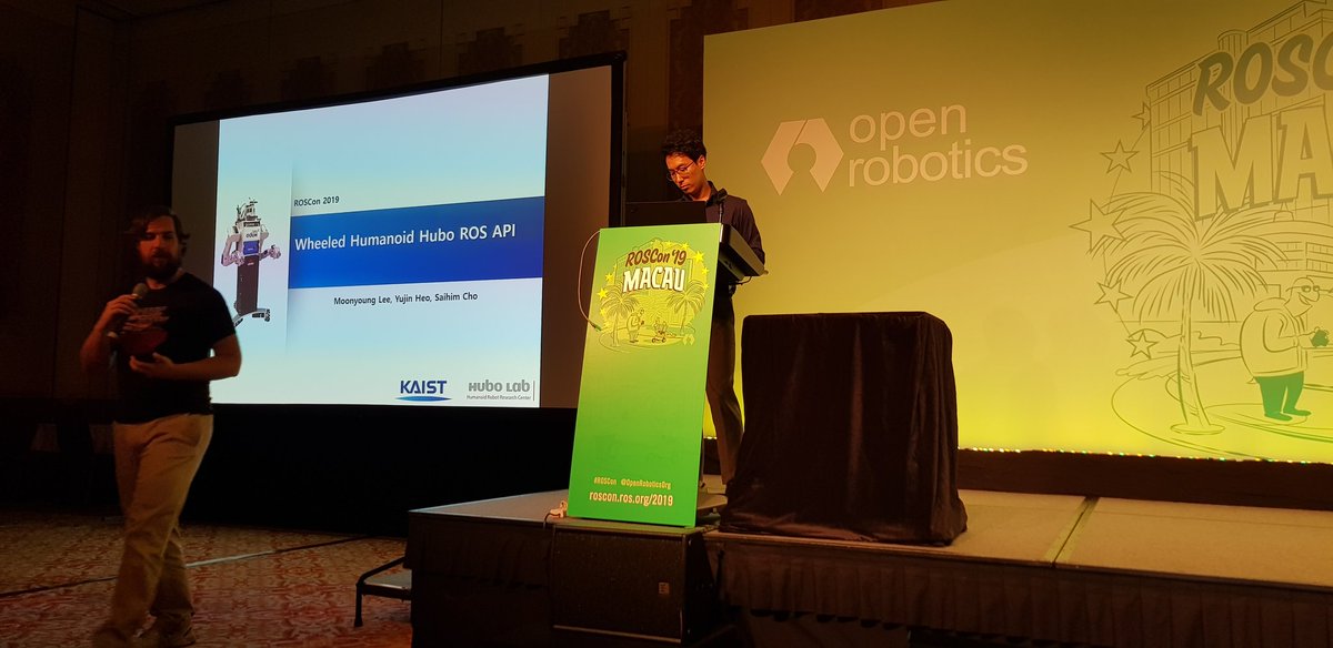 ThiloZimmermann's tweet photo. #TullyFoote announcing next
#Roscon2019 presentation on
Wheeled #Humanoid Hubo API
by #MoonyoungLee, Yujin Heo, Saihim Cho (#KAIST Institute - Hubo Lab).
#hubo #DARPA #Robotics #Challenge winner
#roscon
#goROS https://t.co/9s1t6AgMuo