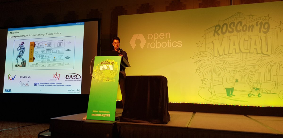 ThiloZimmermann's tweet photo. #TullyFoote announcing next
#Roscon2019 presentation on
Wheeled #Humanoid Hubo API
by #MoonyoungLee, Yujin Heo, Saihim Cho (#KAIST Institute - Hubo Lab).
#hubo #DARPA #Robotics #Challenge winner
#roscon
#goROS https://t.co/9s1t6AgMuo