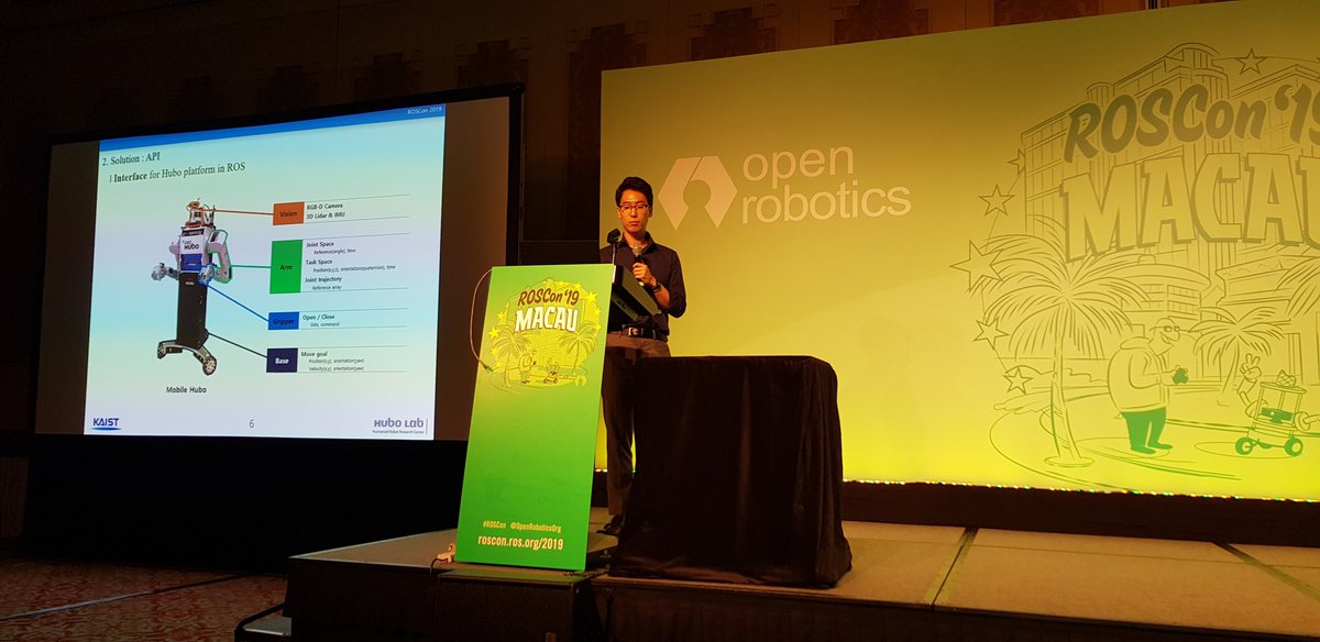 ThiloZimmermann's tweet photo. #TullyFoote announcing next
#Roscon2019 presentation on
Wheeled #Humanoid Hubo API
by #MoonyoungLee, Yujin Heo, Saihim Cho (#KAIST Institute - Hubo Lab).
#hubo #DARPA #Robotics #Challenge winner
#roscon
#goROS https://t.co/9s1t6AgMuo