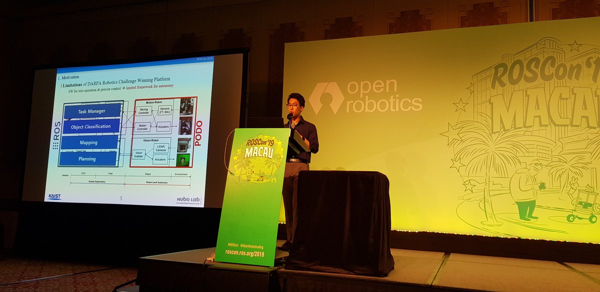 ThiloZimmermann's tweet photo. #TullyFoote announcing next
#Roscon2019 presentation on
Wheeled #Humanoid Hubo API
by #MoonyoungLee, Yujin Heo, Saihim Cho (#KAIST Institute - Hubo Lab).
#hubo #DARPA #Robotics #Challenge winner
#roscon
#goROS https://t.co/9s1t6AgMuo